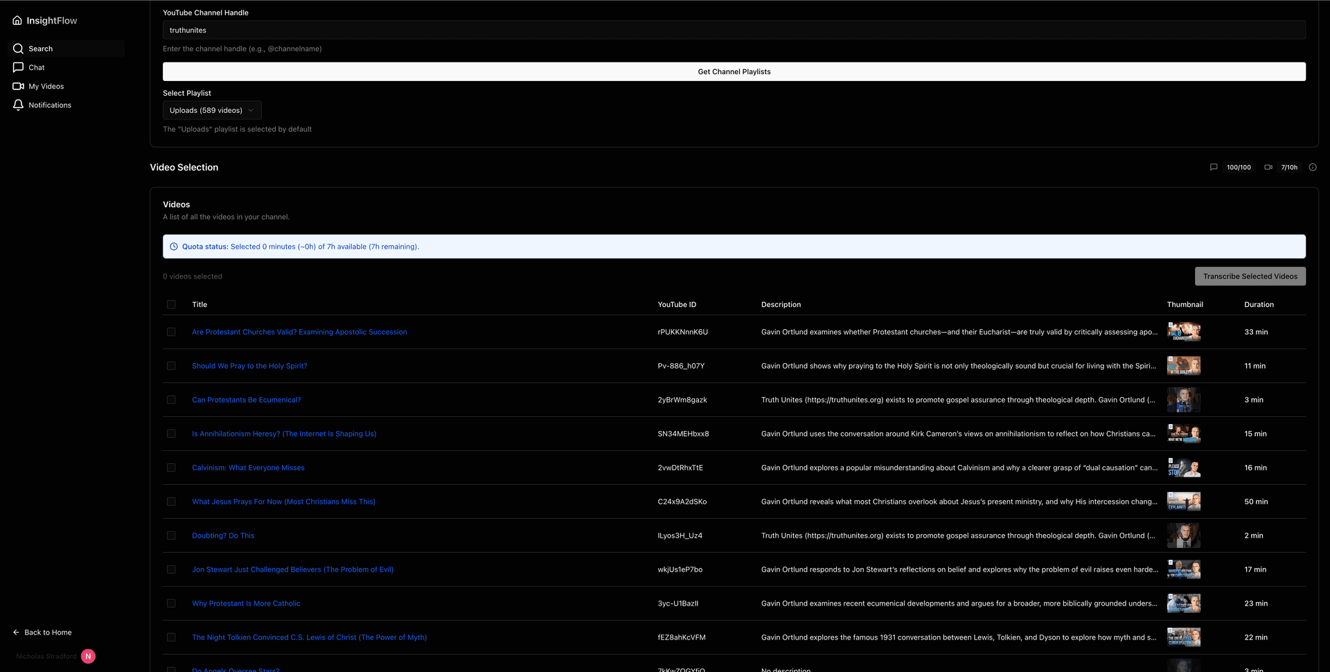 Video selection interface